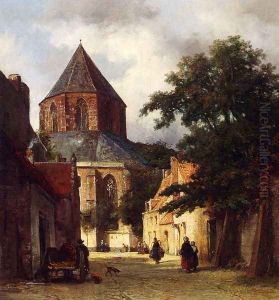 Figures In The Streets Of A Dutch Town, A Church In The Background by Johannes Bosboom