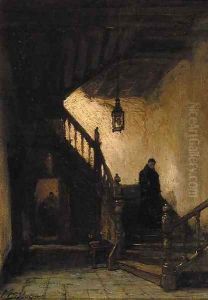 Kloostertrap te Boxmeer a monk descending a staircase by Johannes Bosboom