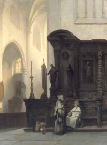 Gothische kerk te Wouw a Gothic church interior with monks conversing by Johannes Bosboom