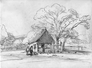 Two farmers by a house among trees by Johannes Bosboom