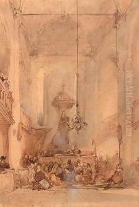 Figures in a church interior by Johannes Bosboom