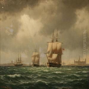 Coastal Scene With Sailing Ships Near Elsinor Castle by Carl Emil Baagoe