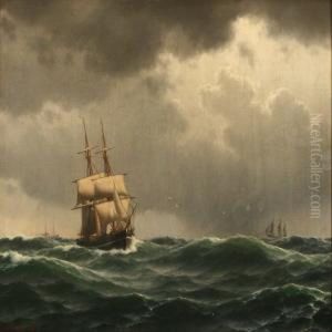 Marine With Sailing Ships In High Waves by Carl Emil Baagoe