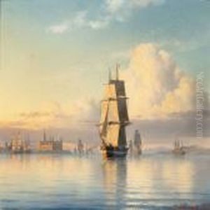 Sailing Ships In The Sound Off Kronborg Castle by Carl Emil Baagoe