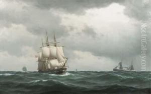 Tall Ships And A Steamer On Open Sea