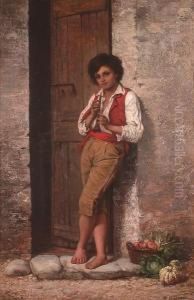 Portrait Of A Young Boy Standing In A Doorway by Attilio Baccani