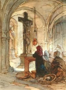 Figures Praying In A Church. by Guido Bach