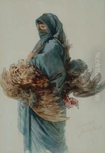 An Egyptian Woman Carrying A Brace Of Chickens