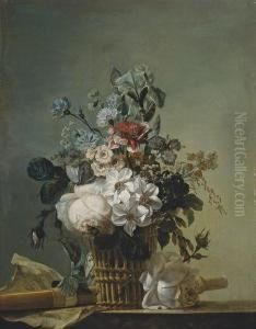Bouquet De Fleurs, Flute Et Partition Sur Un Entablement by Jean Jacques Bachelier