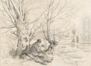 Ruhender Soldat In Baumbestandener Landschaft. by Auguste Bachelin