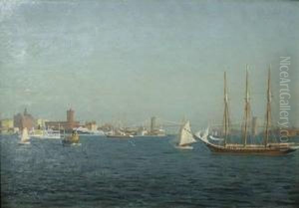 Brooklyn Bridge With Ships In The River - view 1