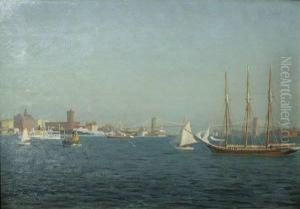 Brooklyn Bridge With Ships In The River