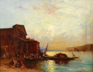 Gondole Devant Une Place Animee A Venise.