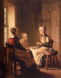 A Interior With Marken Girls Knitting by Claude Joseph Bail