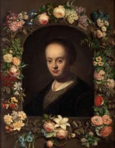 Portratt Av Kvinna I Blomsterkrans.