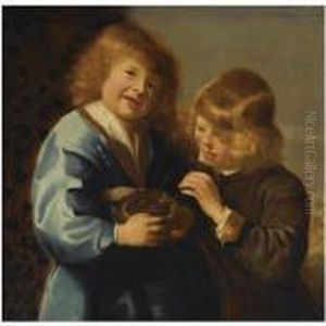 A Portrait Of Two Young Boys Holding A Bird's Nest by Jacob Adriaensz Backer