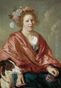 Ritratto Di Una Signora Con Fiori Nei Capelli E Un Levriero