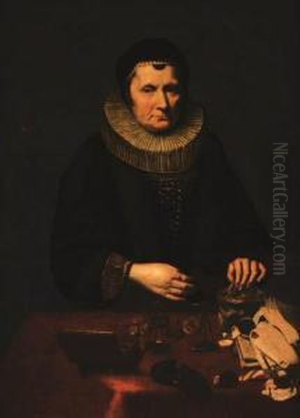 Portrait Of An Old Woman Counting Money At A Table - view 1