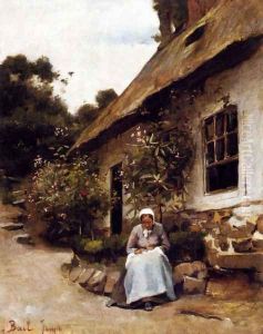 Woman Sewing In Front Of Her Cottage by Claude Joseph Bail