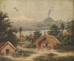Figures Within A Maori Pa Beside
A Lake, With Mountains Beyond; And A Maori War Canoe On A Lake, With A
Maori Settlement Beyond by John Philamon Backhouse