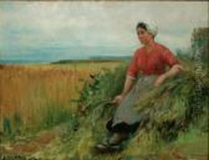 Breton Woman Resting With Scythe On A Sheath Of Wheat