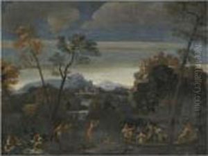 A River Landscape With Elegant Company In A Boat by Sisto Badalocchio