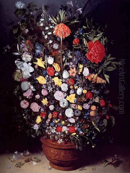 A Still Life Of A Bouquet Of Flowers In A Glazed Terracotta Pot Including Tulips, Roses, Daffodils In A Crown Imperial Fritillary - view 1