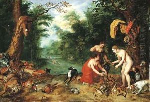 Diana and her nymphs inspecting their catch after the hunt