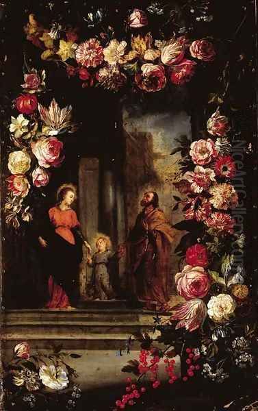 A garland of flowers surrounding The Holy Family - view 1