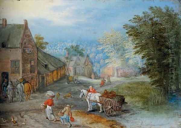 A village street with figures leading a horse and cart - view 1