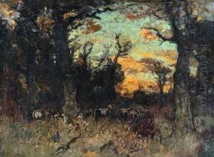 Viehherde Im Herbstwald. by Fritz Baer