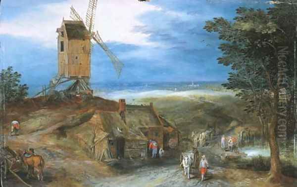 An extensive landscape with travellers passing a cottage and a miller on his way to a windmill - view 1
