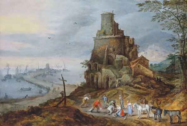 A coastal landscape with fishermen with their catch by a ruined tower - view 1