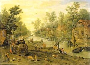 A wooded river landscape with travellers in horse-drawn carts and livestock