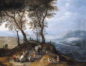 An extensive landscape with travellers on a path overlooking a valley, a city beyond