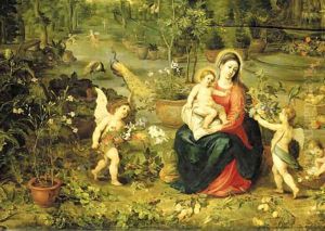 The Madonna and Child seated in a garden with putti, birds and animals by Jan Brueghel the Younger