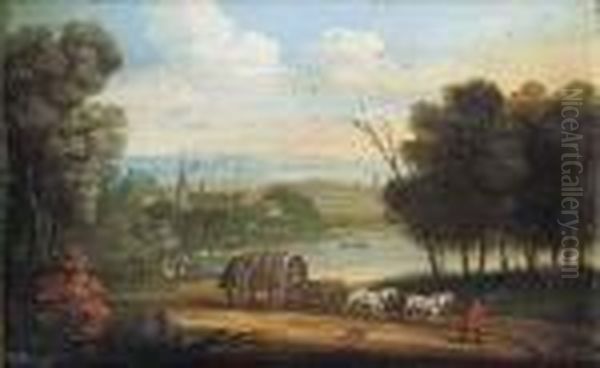 A Horsedrawn Wagon On A Track In An Extensive River Landscape - view 1
