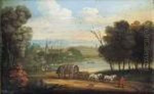A Horsedrawn Wagon On A Track In An Extensive River Landscape