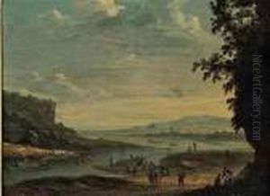 Figures By A Ferry In An Extensive River Landscape