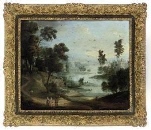 An Extensive River Landscape With Figures On A Track