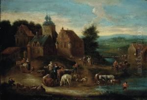 A River Landscape With Herdsmen And Their Cattle On A Track, Avillage Beyond