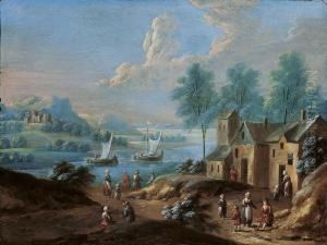 Flusslandschaft Mit Gehoft Und Figuren