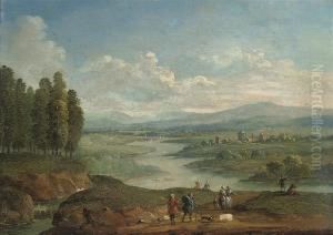A Wooded River Landscape With Figures On A Track, A Villagebeyond