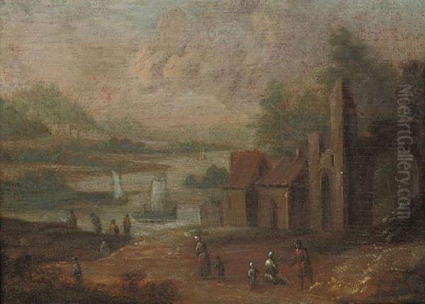 A Wooded River Landscape With 
Figures On A Track By A Fortifiedvillage; And A Wooded River Landscape 
With Figures On A Track Byoutbuildings And Classical Ruins - view 1