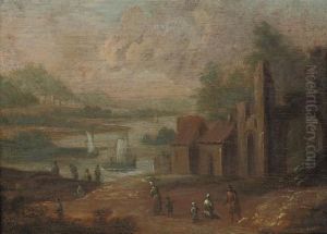 A Wooded River Landscape With
Figures On A Track By A Fortifiedvillage; And A Wooded River Landscape
With Figures On A Track Byoutbuildings And Classical Ruins by Marc Baets