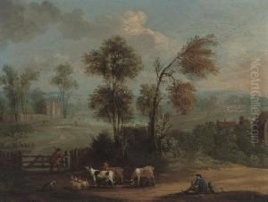 An Extensive Landscape With Herdsman And Their Cattle On A Track