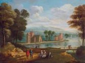 Paesaggio Fluviale Con Viaggiatori Su Un Sentiero