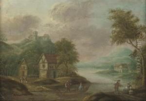 An Extensive River Landscape
With Figures On A Boat, Travellers Conversing On A Track; And An
Extensive River Landscape With A Woman And Child On A Track, Mountains
Beyond by Marc Baets