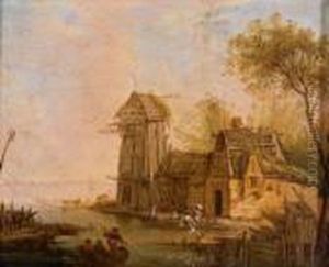 Paesaggio Fluviale Con Case Sulla Riva E Lavandaie