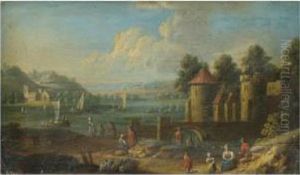 An Extensive River Landscape With Figures Resting By A Fortification In The Foreground